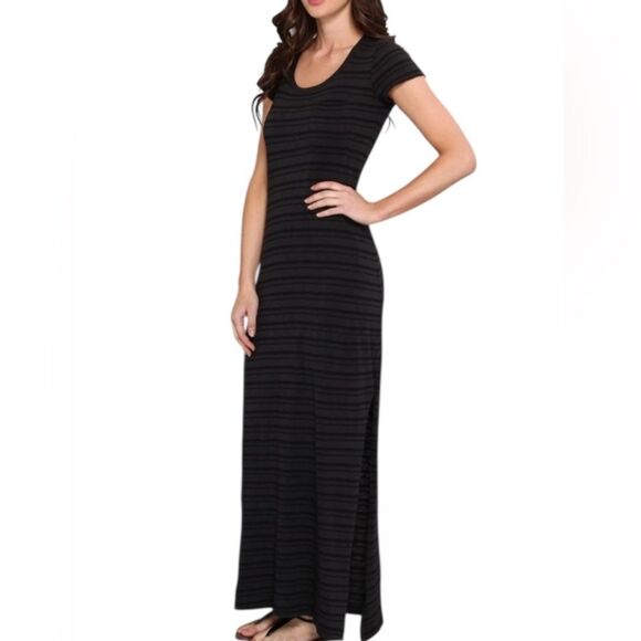 APT 9 Black Lined Textured Striped Maxi Dress. Scoop Neck w Side Slits. Size M - Picture 1 of 8